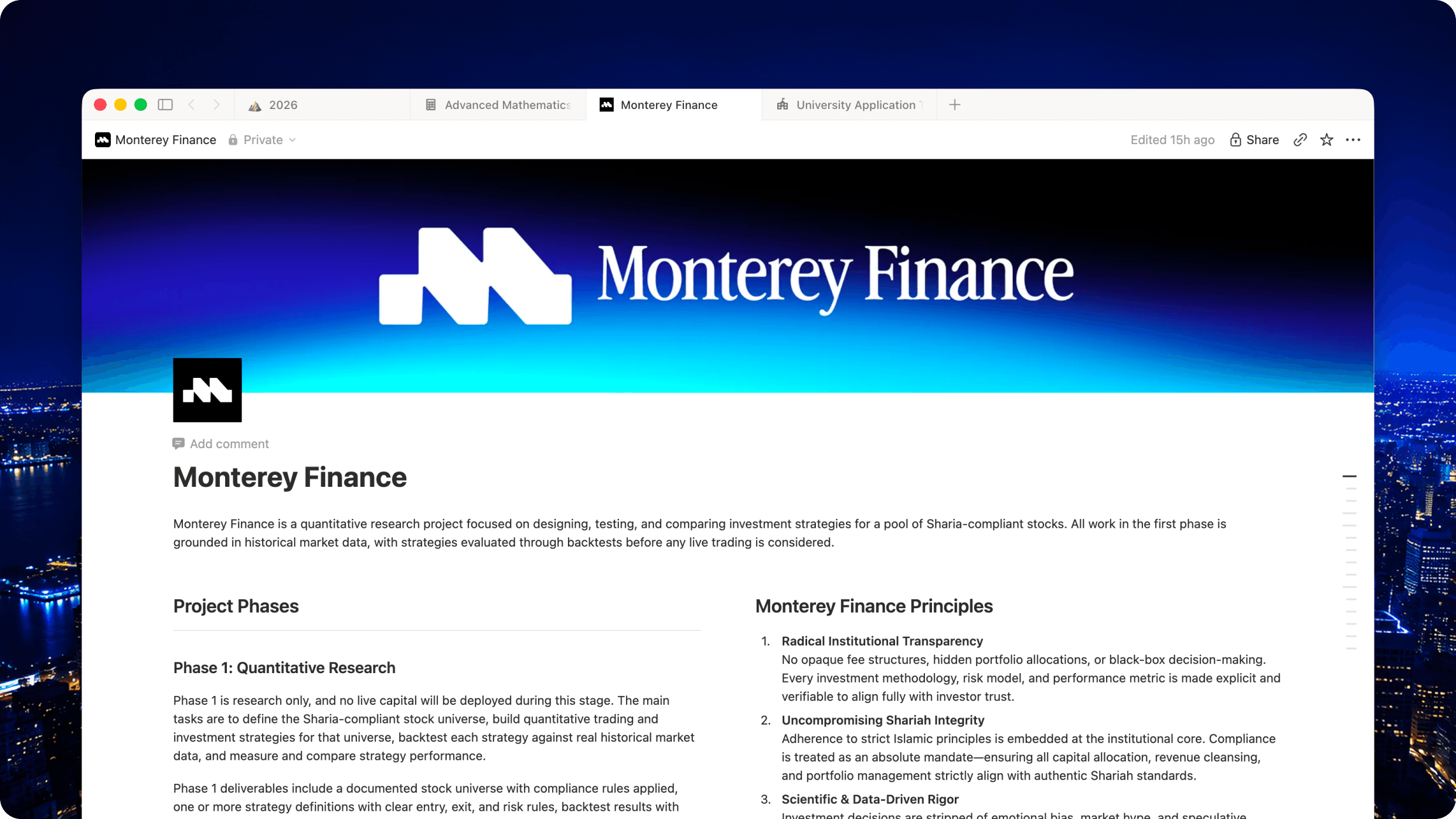 Live Monterey Finance fund performance in a browser window